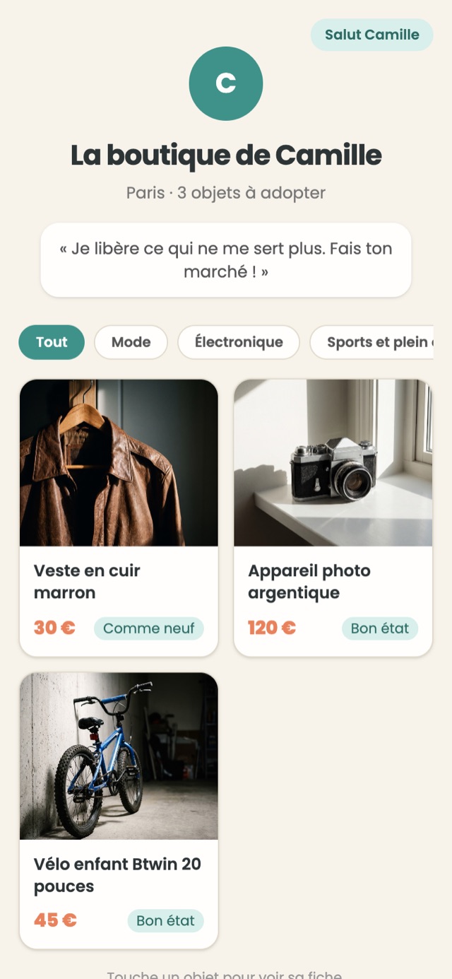 Une boutique Liberio partageable avec trois objets à adopter