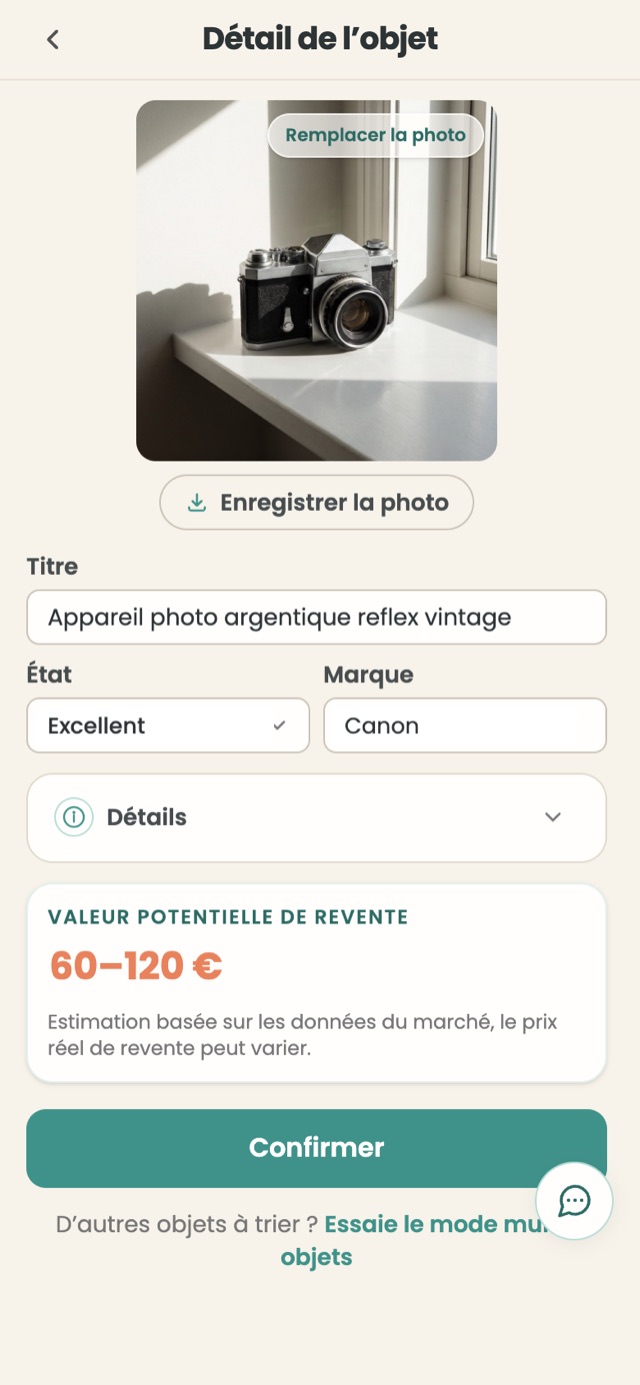 La fiche après le scan : titre reconnu, état, valeur potentielle de revente